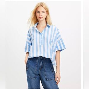 LOFT Casual Blue and White Striped Popover Shirt